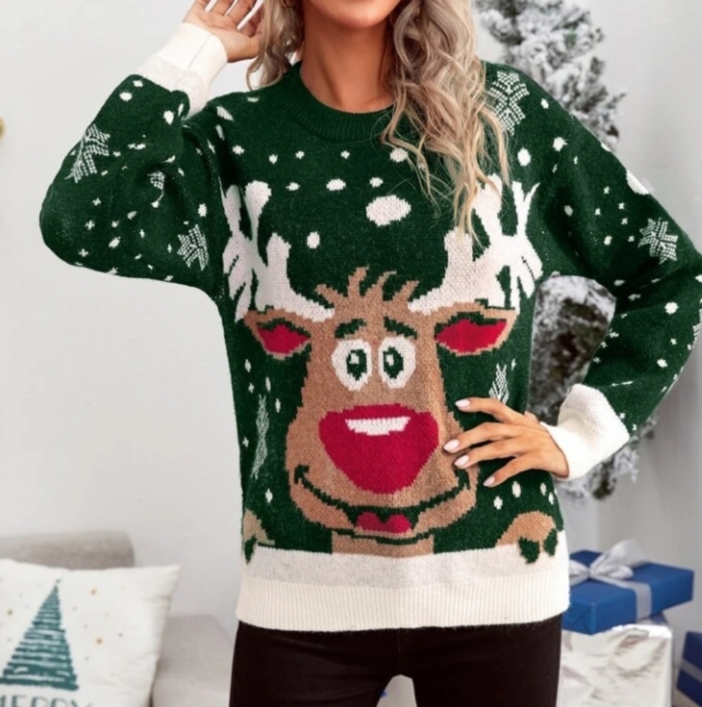 Christmas Deer Pattern Drop Shoulder Sweater